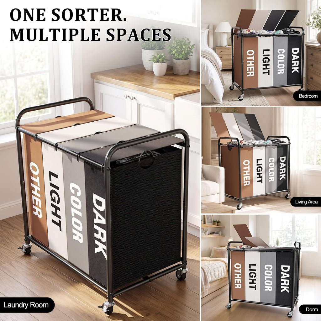Laundry Sorter 4 Section with Lockable Wheels and Lid Multicolor