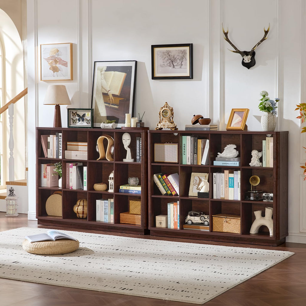 12 Cube Storage Organizer, 41" Large Bookshelf with Curved Edge, Wood Floor Standing 3-Tier Cubby Bookcase w/Base