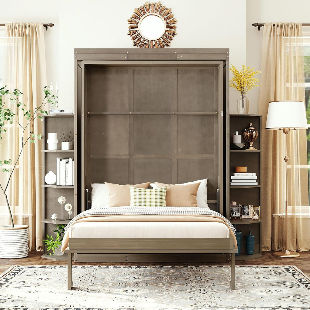Murphy Bed Queen Hideaway Wall Chest with Cabinet,Dual 3-Tier Side Shelves,Convertible Desk,Space-Saving