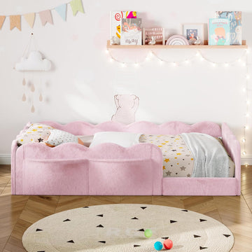 Upholstered Floor Bed with Guardrail, Montessori Kids Bed Frame with Round Fence, Pink