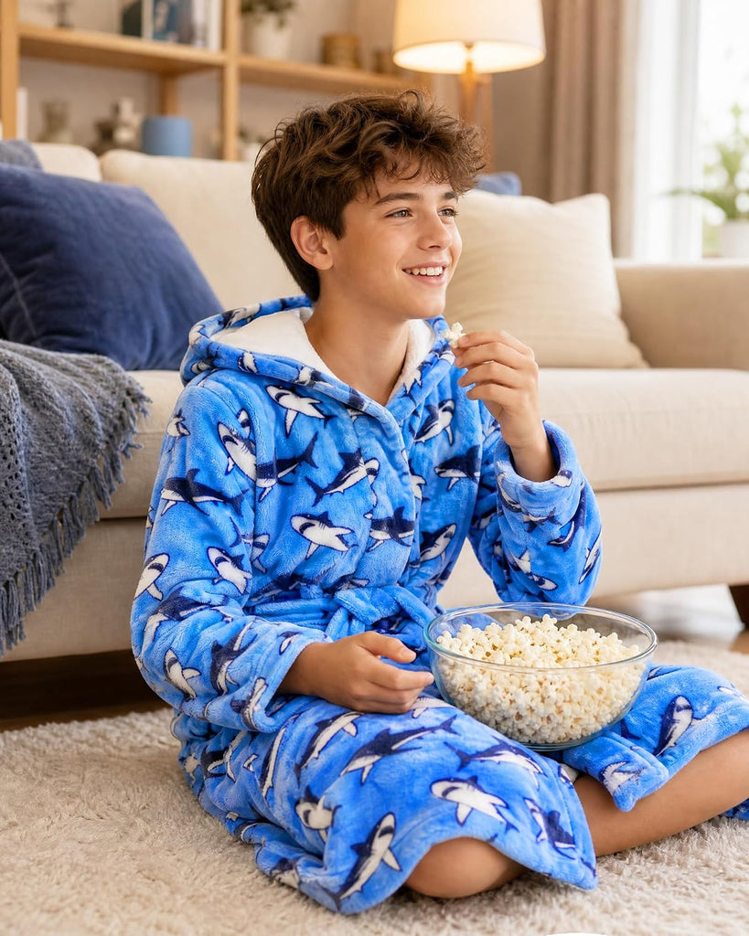 Boys Fleece Robe Kids Flannel Warm Hooded Bathrobe Soft Sleepwear