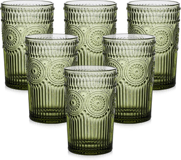 Vintage Glassware Drinking Glasses Set of 6, 13 oz Green Textured Flower Design Glass Water Tumblers，Embossed Striped