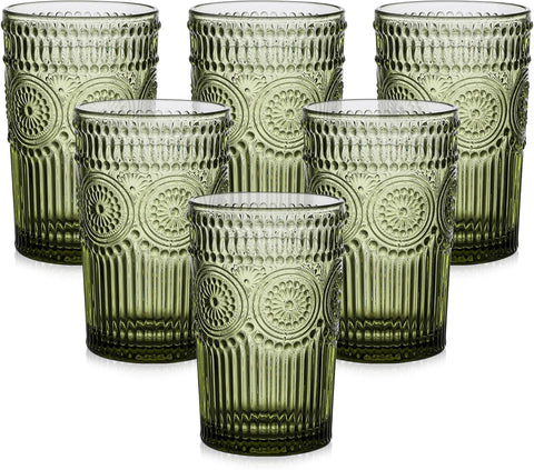 Vintage Glassware Drinking Glasses Set of 6, 13 oz Green Textured Flower Design Glass Water Tumblers，Embossed Striped