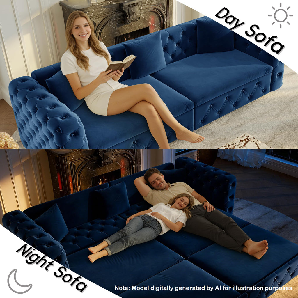 89'' Velvet Chesterfield Sleeper Sofa, King Couch Bed, Midnight Blue