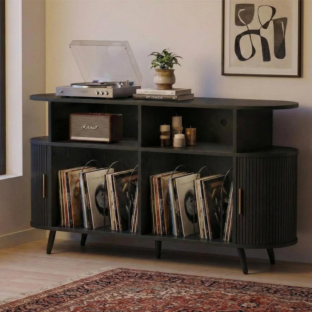 Large Record Player Stand with Storage, Media Stereo Shelf Charging, Black