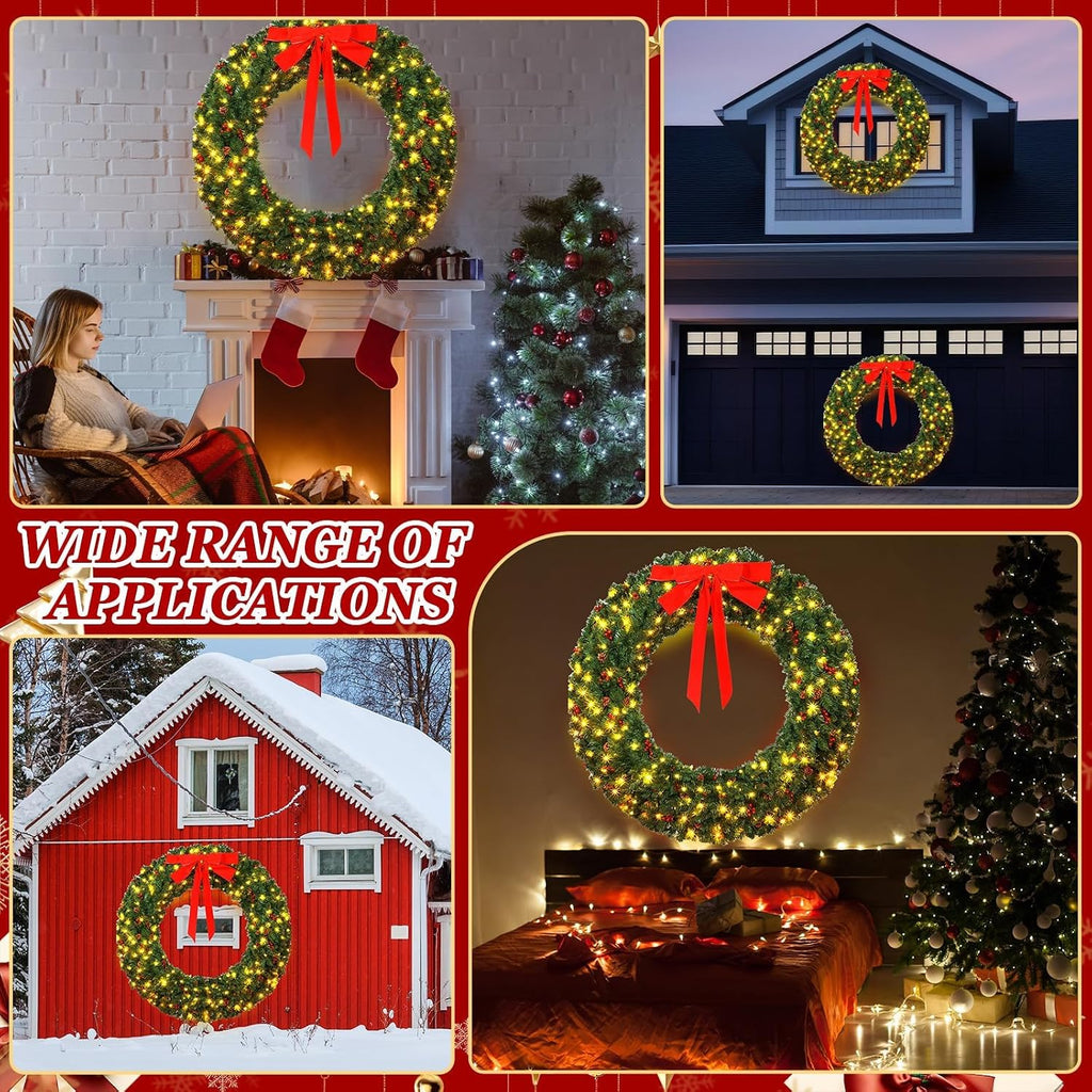 60 Inch Large Prelit Christmas Wreath with 300 Warm White String Lights 8 Lighting Modes Artificial Outdoor Xmas
