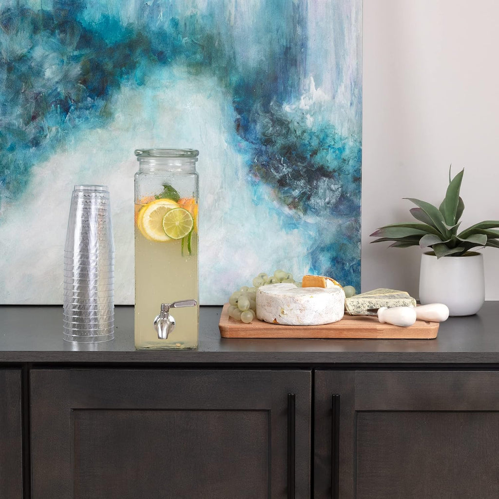 Square Glass Drink Dispenser for Parties - Stainless Steel Spigot + Marker & Label - 100% Leakproof Beverage