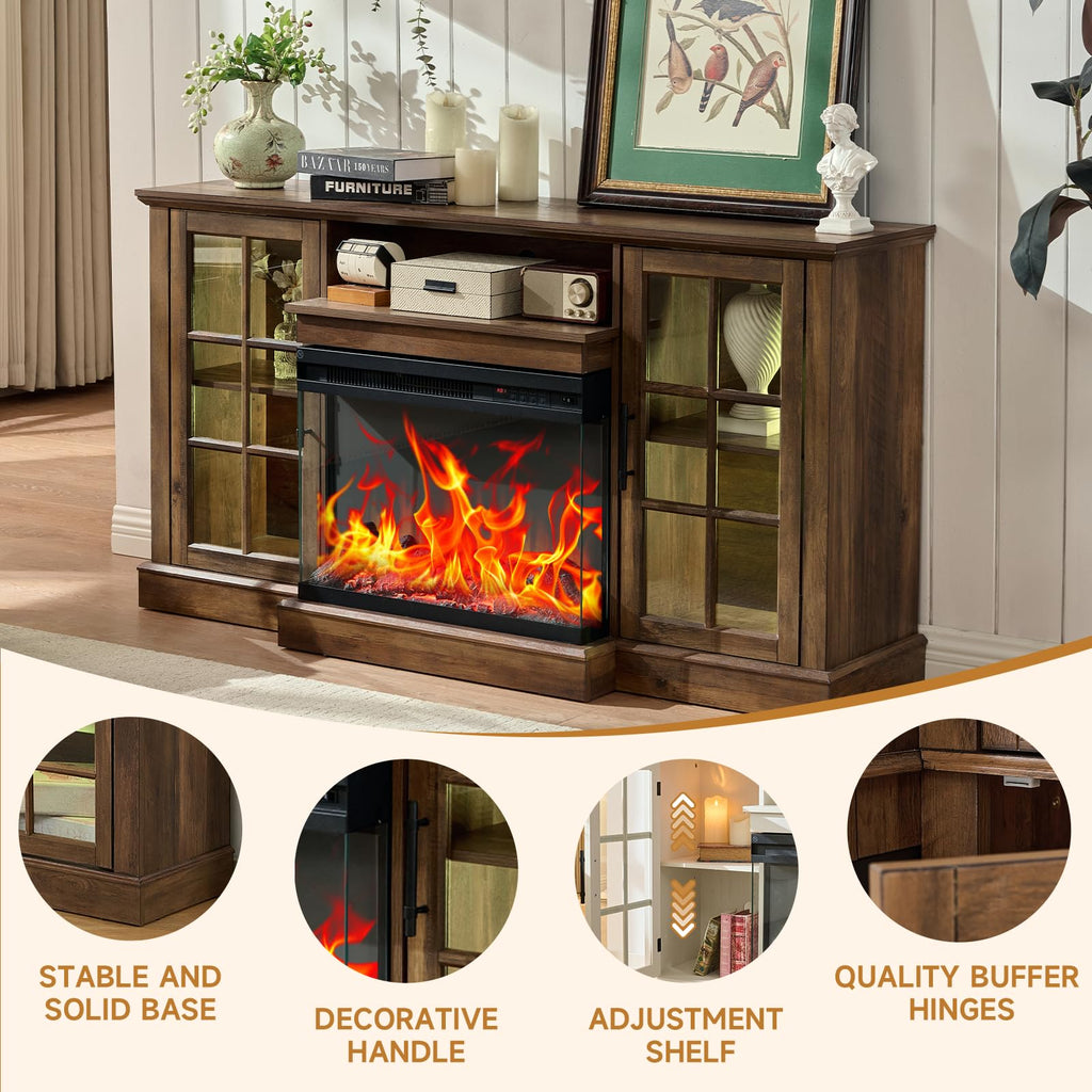 3 Sided Glass 59" Fireplace for TVs up to 65 Inch, Media Entertainment Center with Glass Door Storage Cabinet, 24"