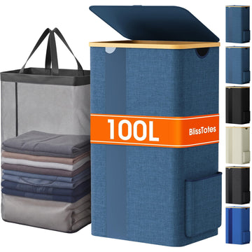 150L Laundry Basket Hamper with Lid & Removable Bag,Light Blue