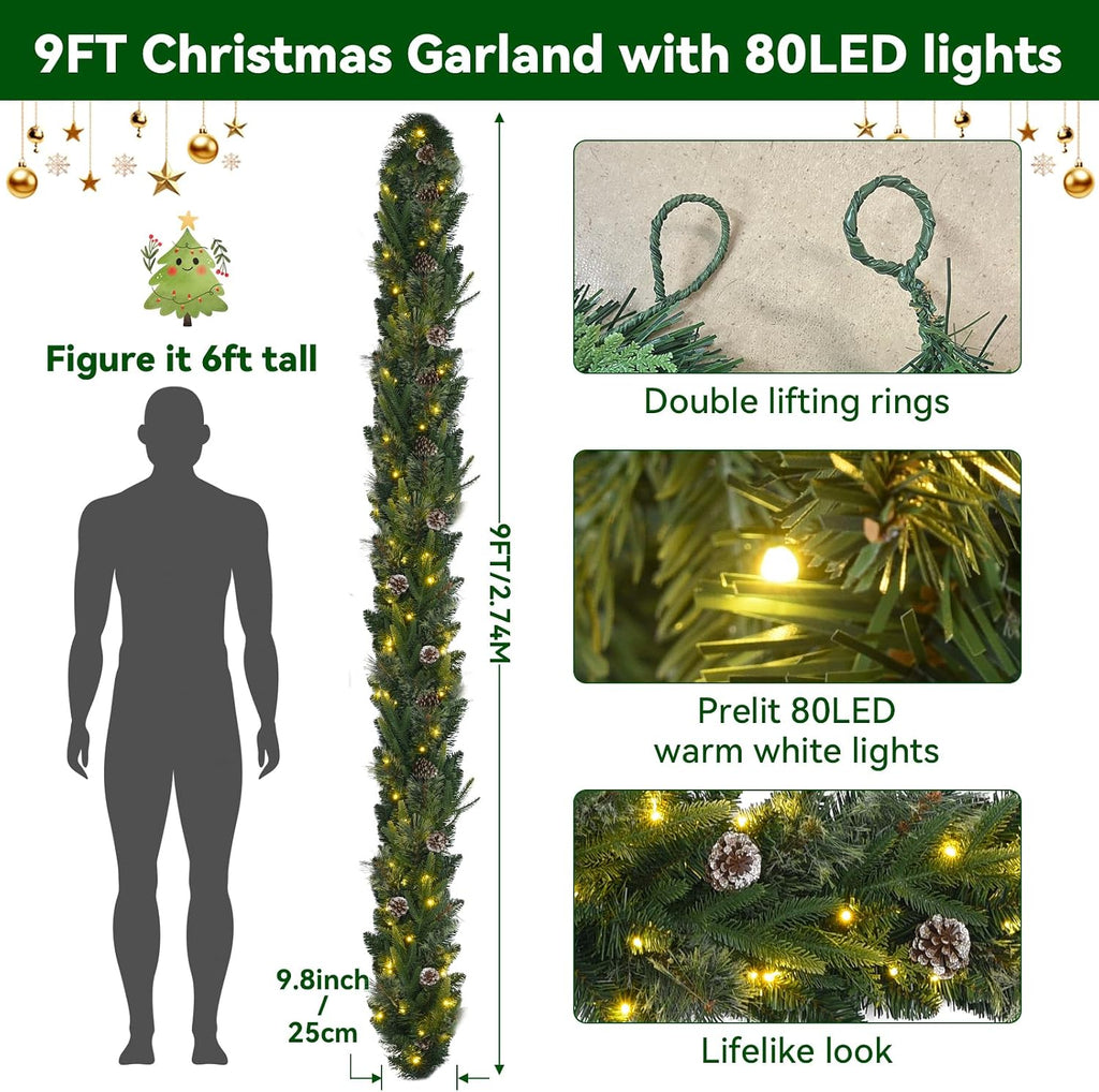 Pre-lit Christmas Garland with Lights 9FT 80LED Lighted Garland with Timer Faux Artificial Wreath Lights with Remote