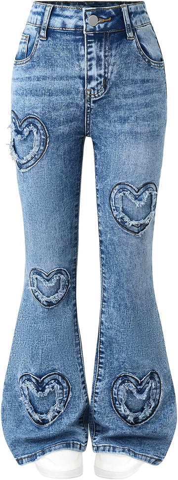 Girls Jeans Flare High Elastic Waist Denim Pants Bell Bottom Stretch Cute Y2K Streetwear with Pockets