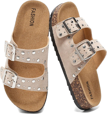 Kids Cork Footbed Sandals Boys Girls Fashion Studded Double Buckle Slides
