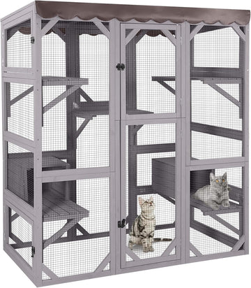 Catio Outdoor Cat Enclosure 70" Large Wooden Cat House Walk-in Cat Cage Kitty Shlter Playpen with 7 Platforms, 2