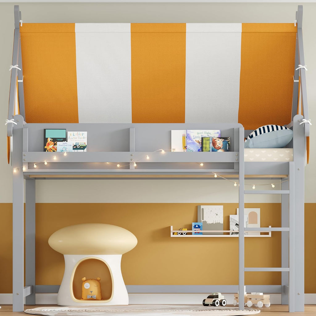 Full Size Wood House Bed Canopy Playhouse Loft Bed Frame with Storage Shelves House Loft Bed with LED Lights for Kids