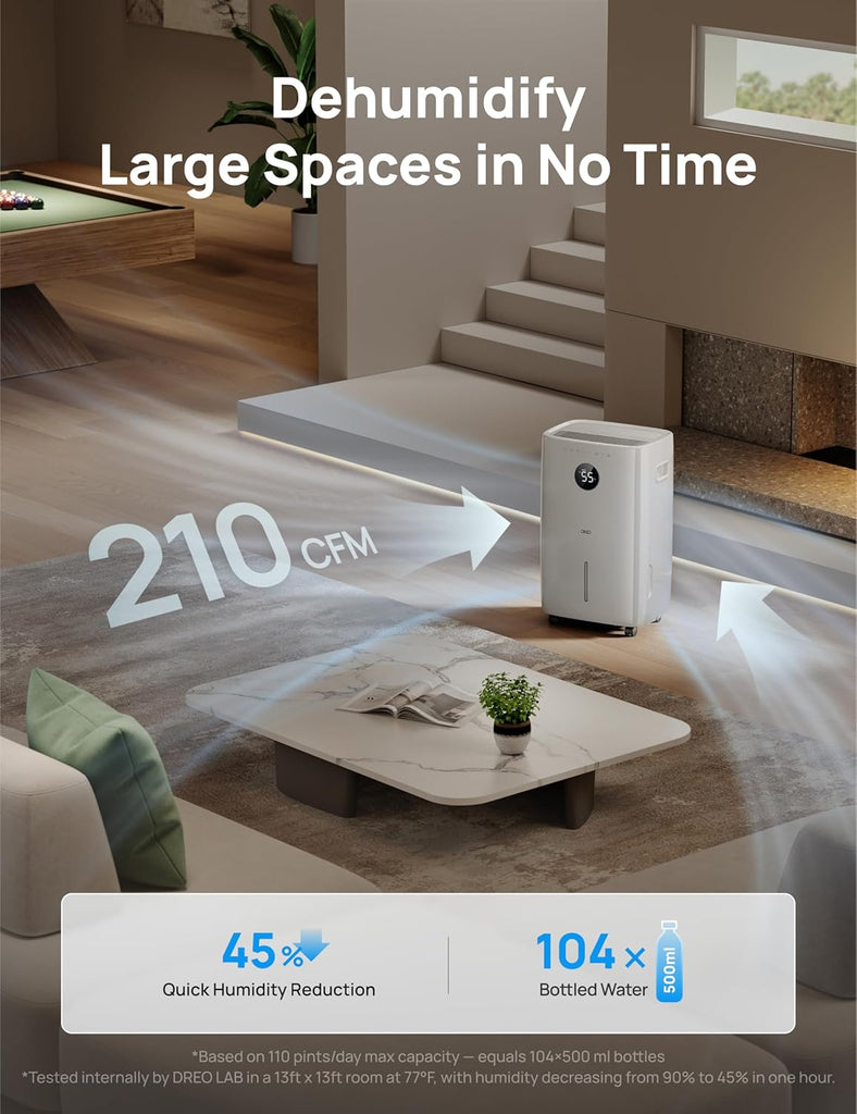 110-Pint Smart Dehumidifier for Basement, 4500 Ft² for Large Room, 2 Gallon Water Tank