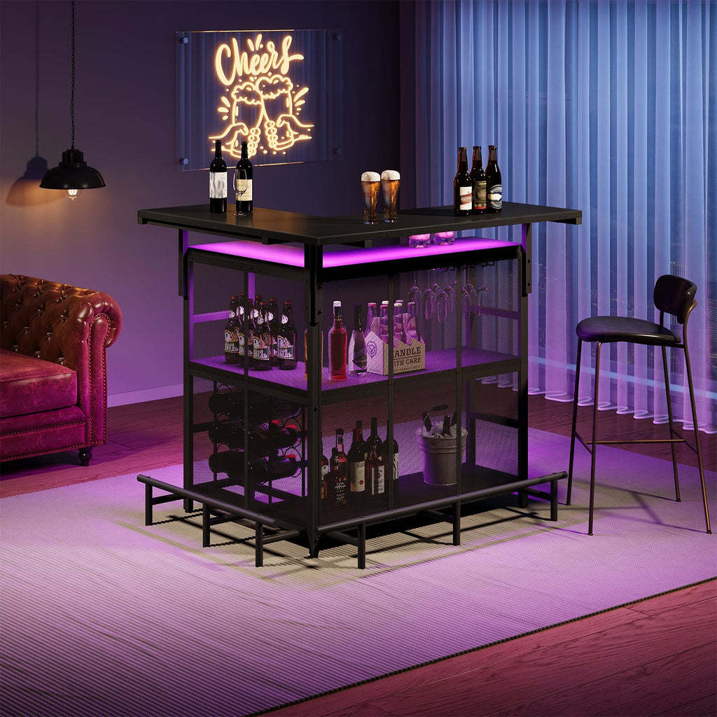 Bar Unit, L-Shaped Bar Table with Glasses Holder & 4-Tier Shelves, Corner Mini Liquor Cabinet with Footrest &