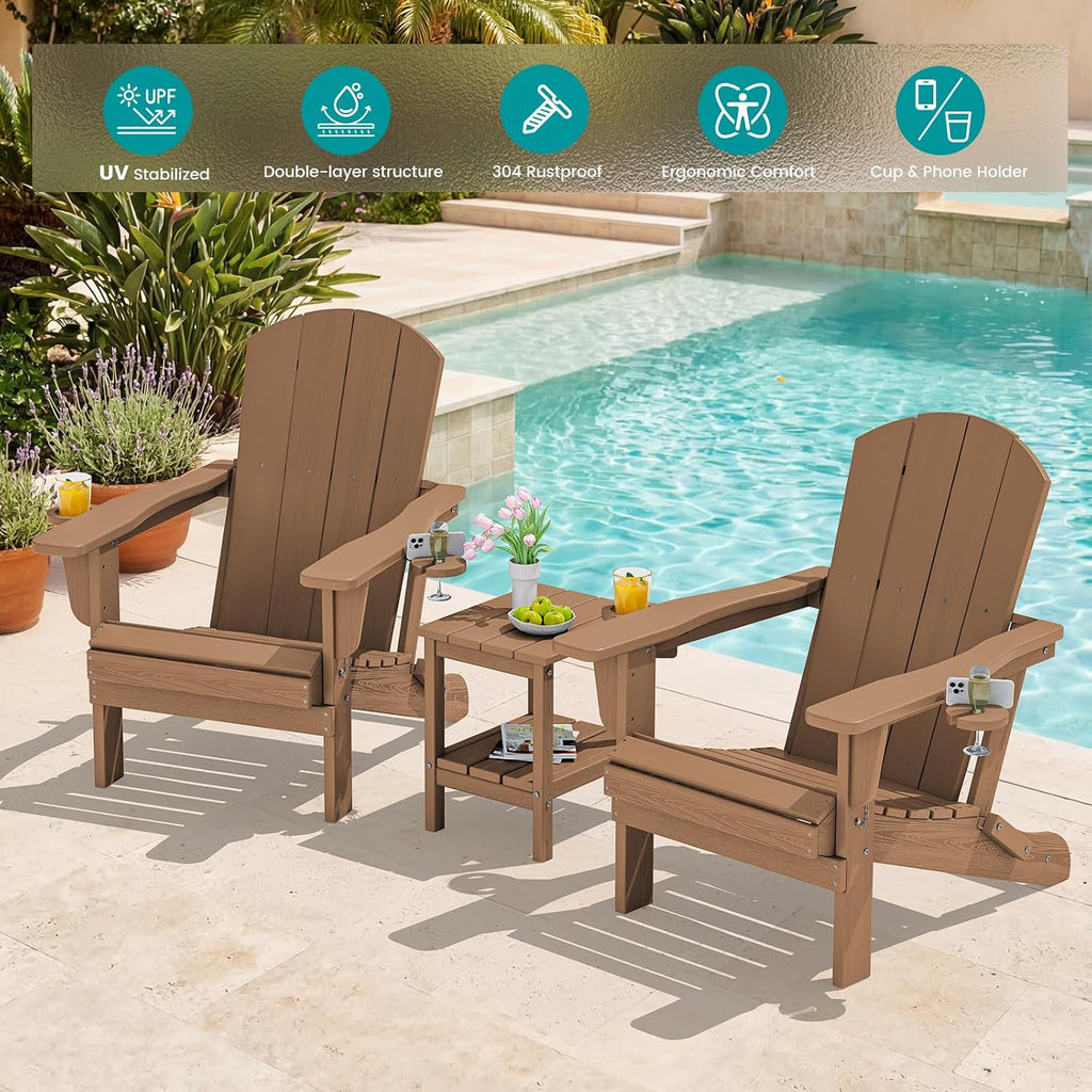 Outdoor Adirondack Chair Set of 2 with 2 Cup Holders,Foldable,Brown | HDPE Composite,Waterproof,Wood Grain,Cup &