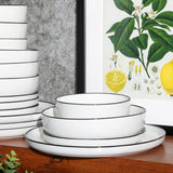 Oslo 16-Piece Porcelain Dinnerware Set, Service for 4 - White Plates with Black Rim, Microwave & Dishwasher Safe