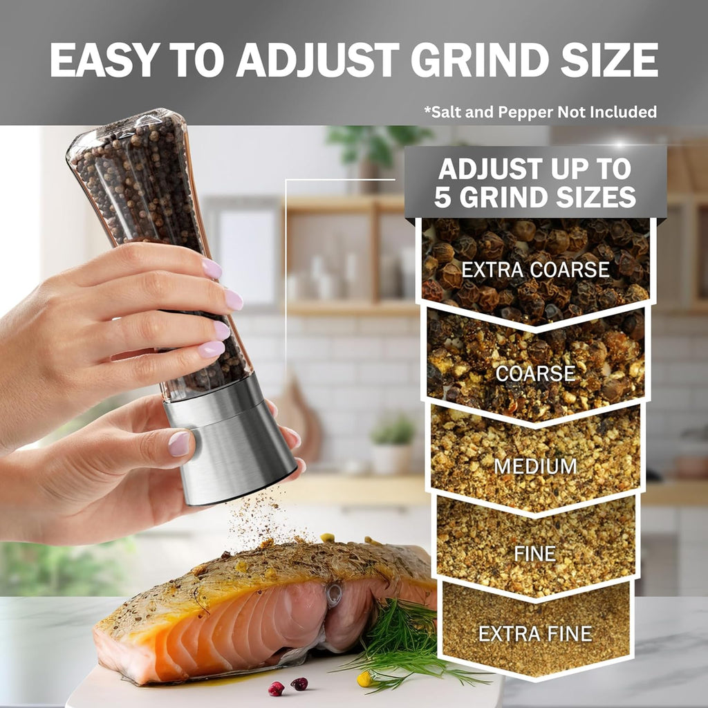Premium Stainless Steel Sea Salt and Pepper Grinder - Adjustable Ceramic - Tall Glass Salt and Pepper - Set of 2
