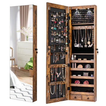 Wall Mounted Jewelry Armoire with Full Length Mirror & 2 LED Lights, Large Capacity, Lockable Mirror Jewelry Cabinet