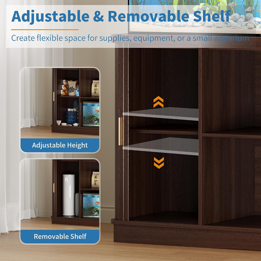 55-75 Gallon Fish Tank Stand with Power Outlet, Mid Century Modern Aquarium Stand with Adjustable Shelves and Sliding