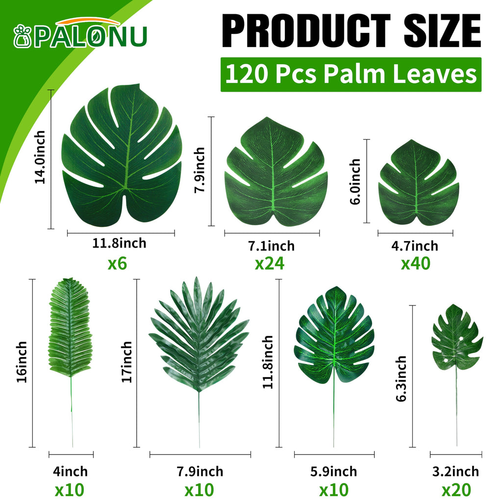 110 Pcs Artificial Tropical Palm Monstera, 7 Kinds Large Small Fake Palm Leaf with Stems for Safari Jungle Hawaiian