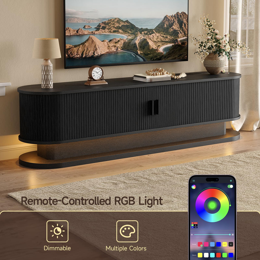 TV Stand with LED Lights and Power Outlet (Black, 70 Inches)