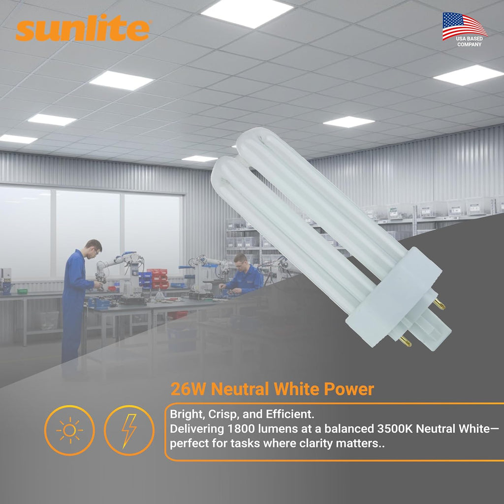 Compact Fluorescent Plug-in PLT 4-Pin Triple Tube, 26 Watts, 4-Pin GX24q3 Base, 1800 Lumens, 3500K Neutral