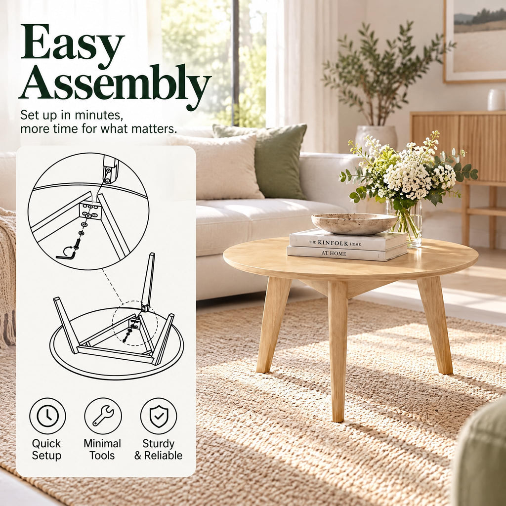 100% Solid Oak Wood Mini Coffee Table, Round Side Table w/Solid Wood Legs, Minimalist Coffee Table w/Sturdy Frame