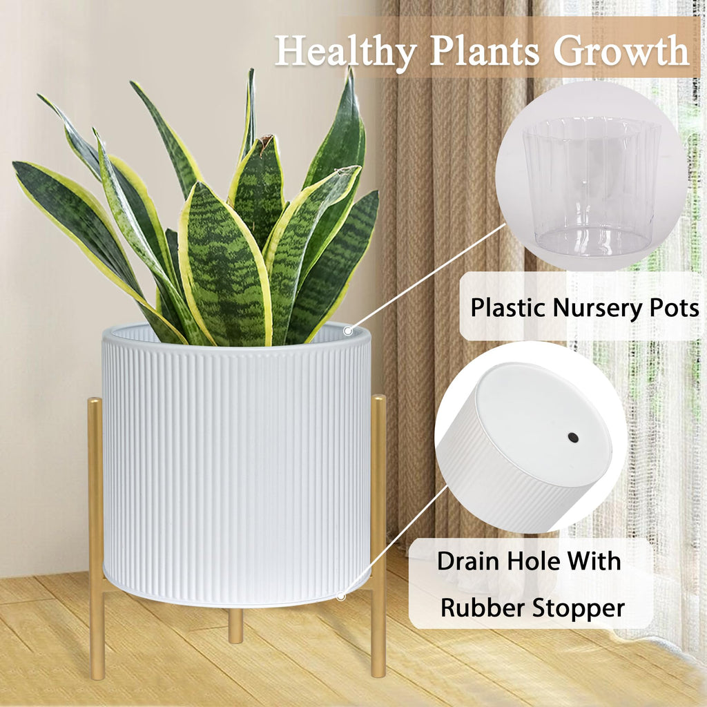 Modern Planter Pots, Set of 2 Round Large Planters with Stand, Decorative Floor Planters, Metal Pots with Drainage