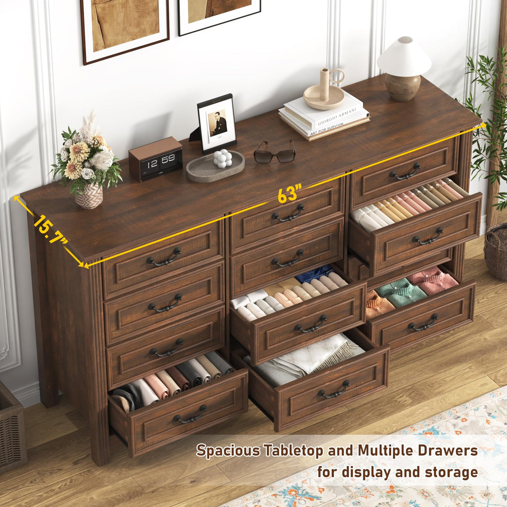 Farmhouse 12 Drawer, 63" Wood Chest of Drawers with Rustic Handles, Wide Closet Dressers Organizer, Living Room