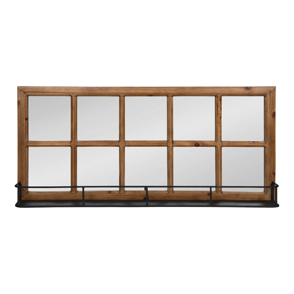 Jackson Casual Farmhouse Solid Wood 10 Windowpane Mirror with Distressed Black Metal Shelf, 40x18, Rustic Caramel