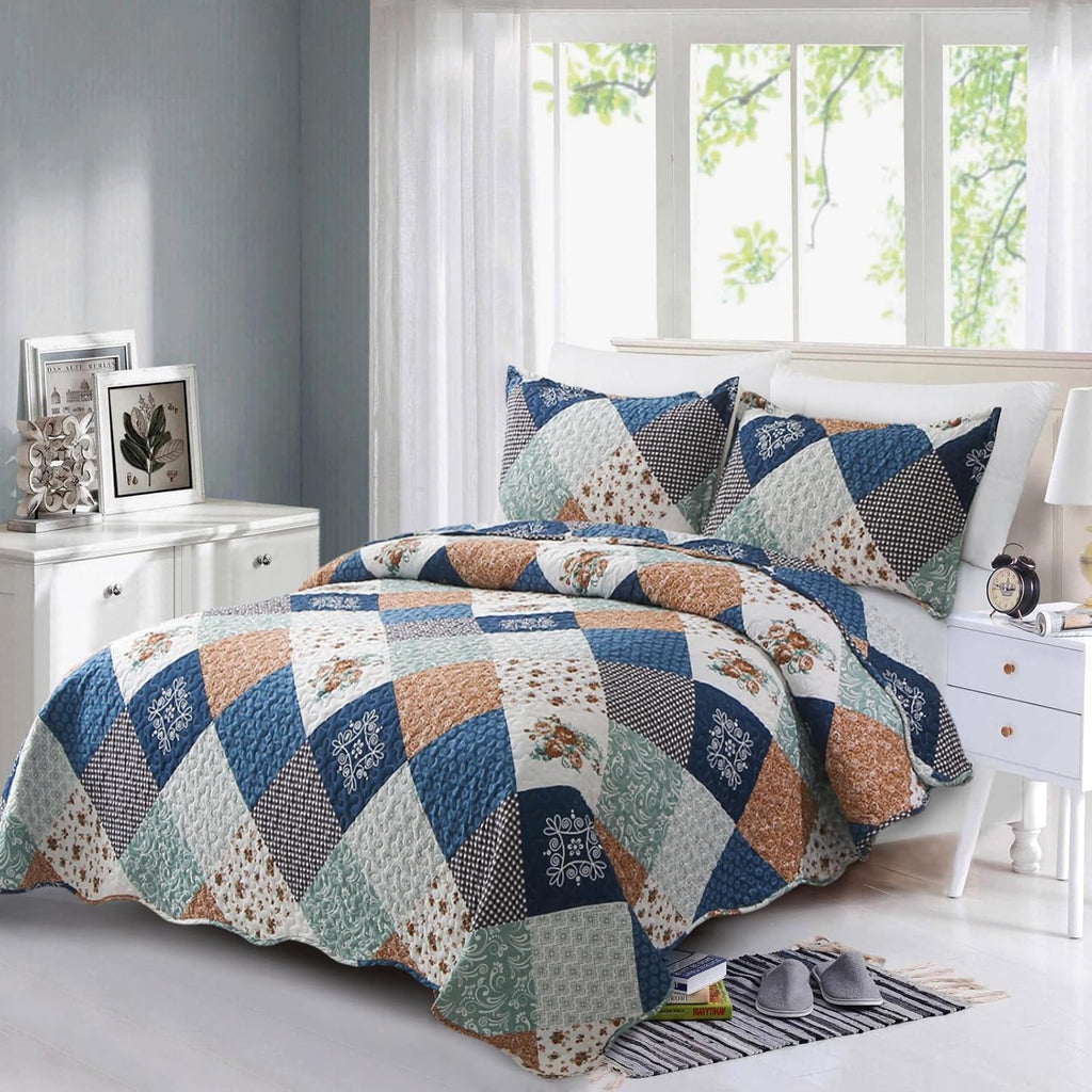 Reversible Patchwork Quilt Bedding Set Queen Blue Green Grey Plaid Floral Pattern Bedspread Set Soft Microfiber