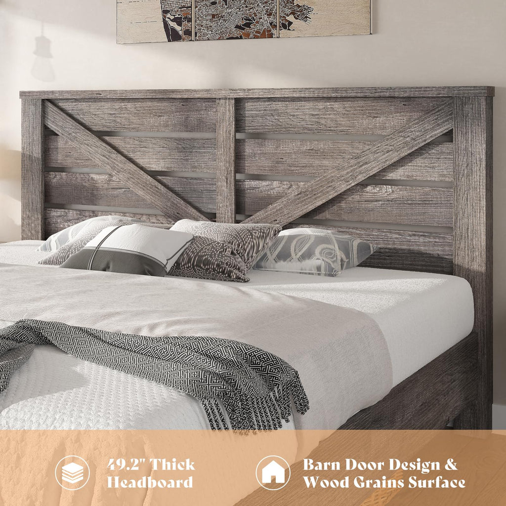 Farmhouse Bed Frame with 49.2"Barn Door Headboard, Gray