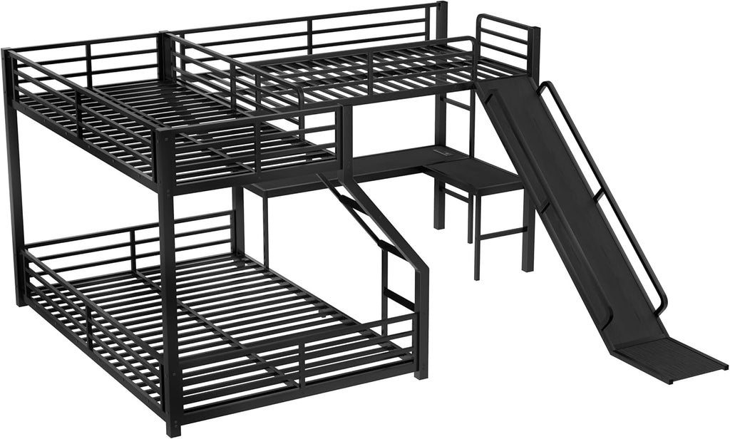 Twin XL Over Queen Bunk Bed Frame with Twin Loft Beds, Heavy Duty Triple Bunk Bed with Slide