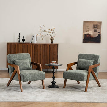 Mid-Century Modern Accent Chair Set of 2 with Solid Wood Frame, Upholstered Chenille Living Room Arm Chairs with