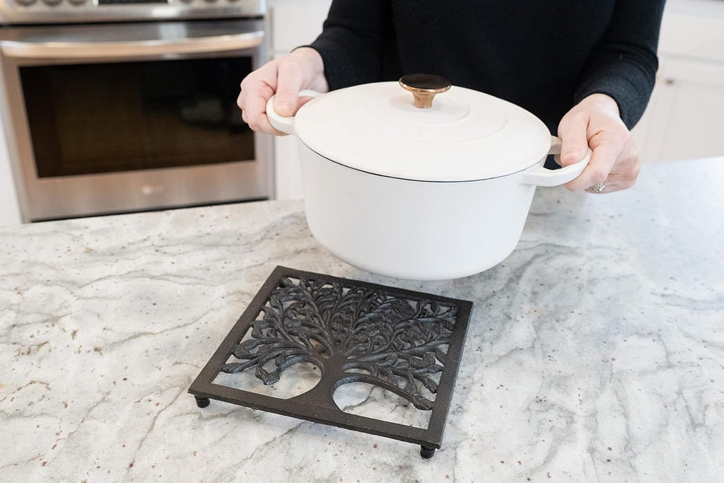 Cast Iron Trivet for Hot Dishes, Pots, and Pans, Metal Trivet, Family Tree Design, Rubber Feet Caps, Ring Hanger, 8