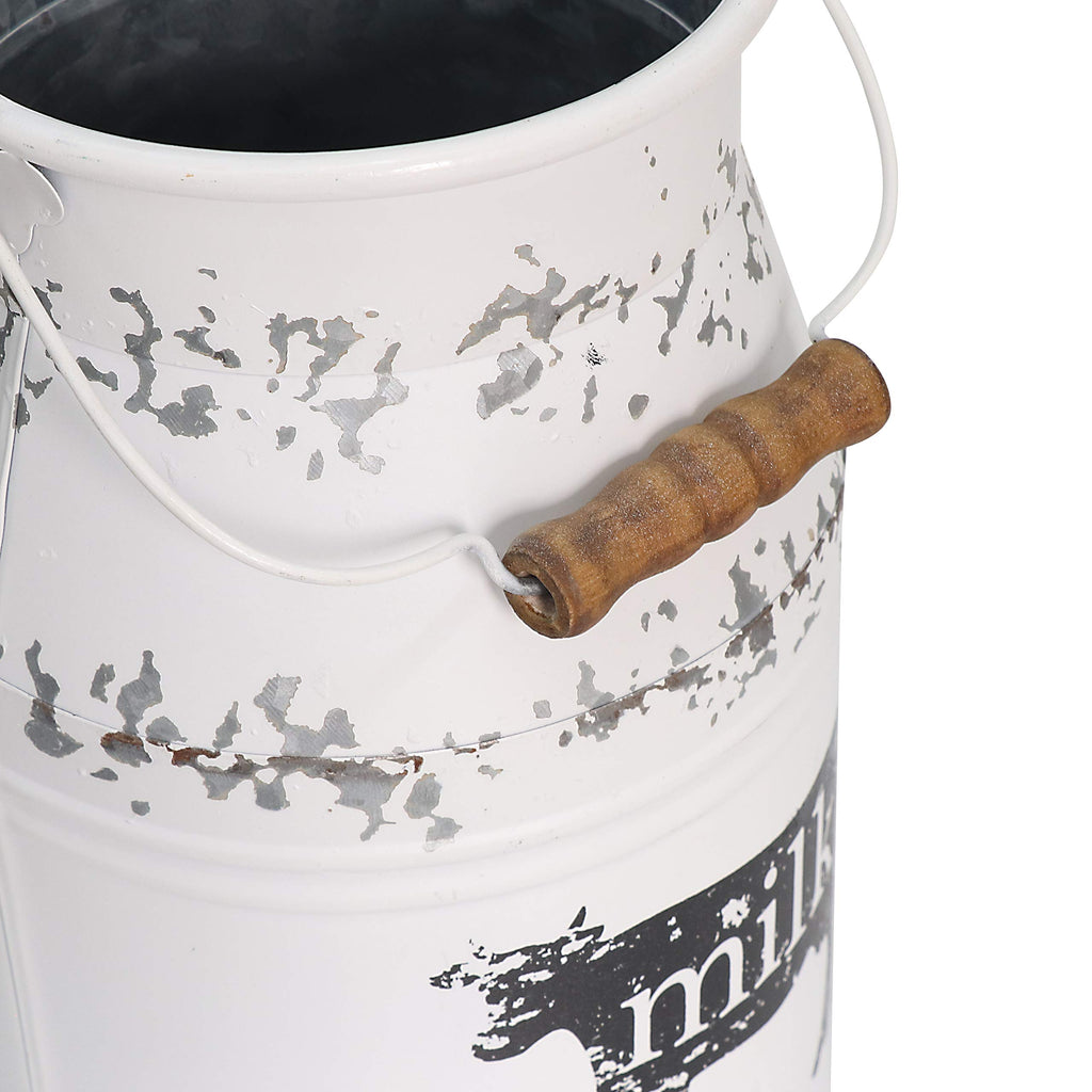 Metal Big Cow Galvanized Milk Can with Wooden Handle, Rustic White Farmhouse Vase Planter, Primitive Decorative