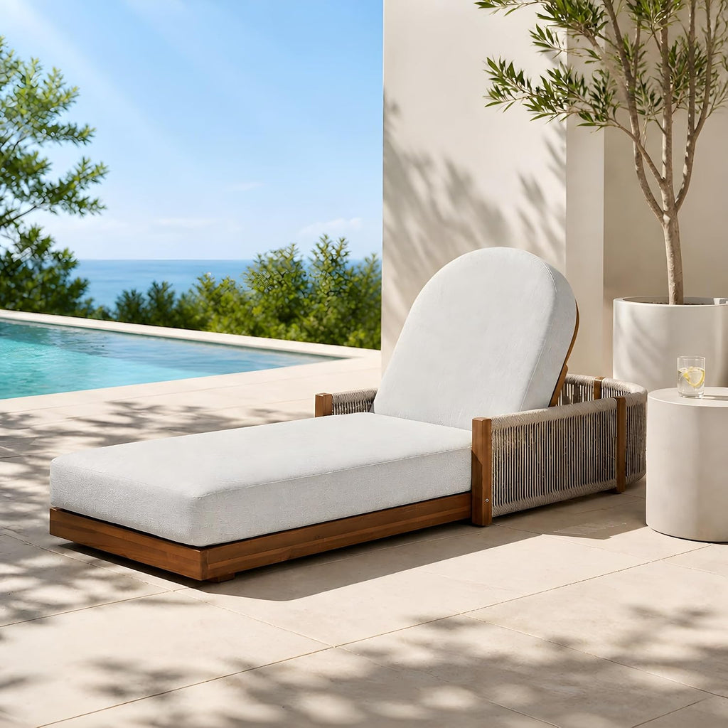 Acacia Wood Chaise Lounge Chair Outdoor with Handwoven Rope, Adjustable Backrest Sun Lounger Recliner, Patio