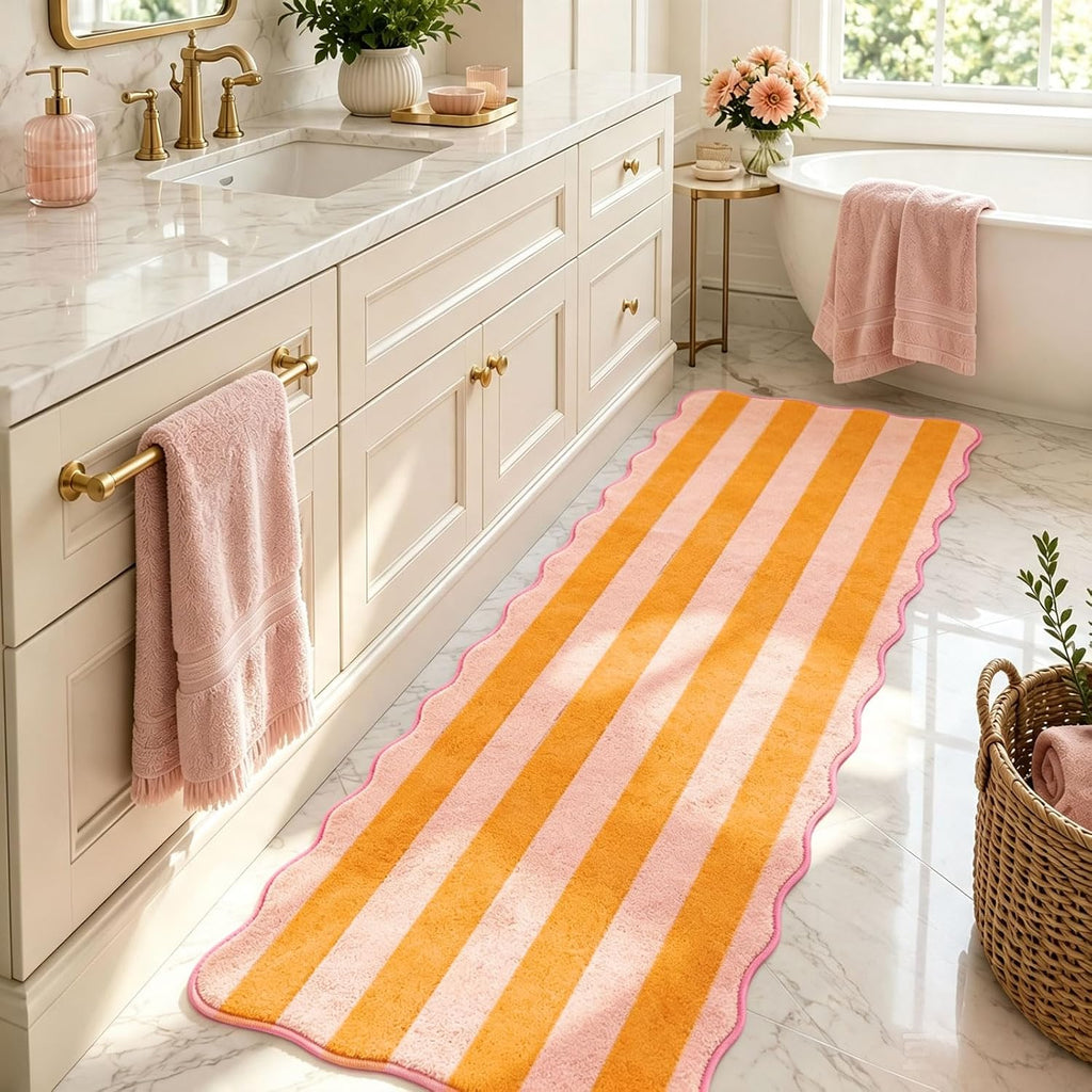 Scalloped Kitchen Runner Rug, Orange Pink Stripe, 2 x 6 Ft