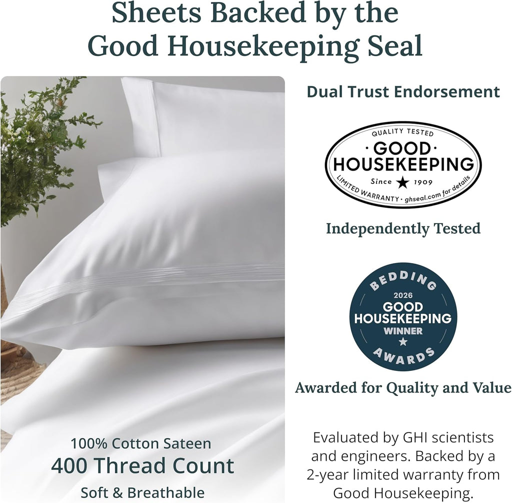 Soft 100% Cotton King Sheet Set, 400 Thread Count Good Housekeeping Award Winner, Silky Smooth Sateen Weave with Deep