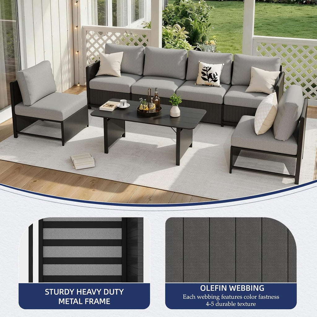 7 Pieces Patio Furniture Set, Modern Sectional Sofa, All Weather Outdoor Conversation Set with Cushions & Table, Gray