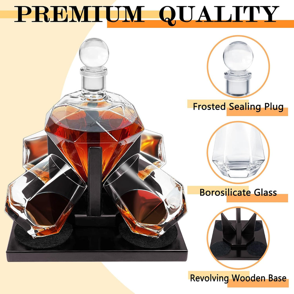 Diamond Whiskey Decanter Set, Diamond Decanter Set with 4 Glasses 4 Whiskey Stones, Decanter Whiskey Set Gifts for Men - Set of 4
