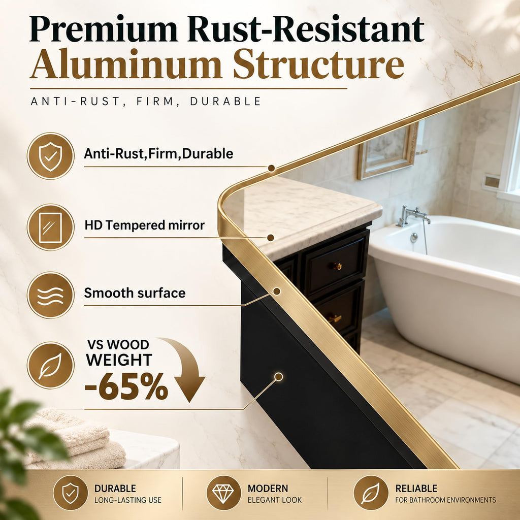 20x26 Inch Brushed Gold Medicine Cabinet with Mirror, Aluminum Recessed or Surface Mount, 4 Stepless Glass Shelves