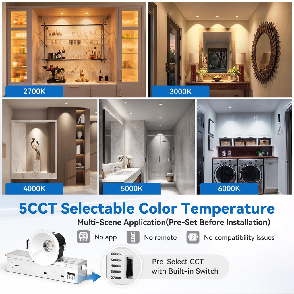 2 Inch Recessed Lights Anti-Glare COB Canless Spotlight, 6 Pack