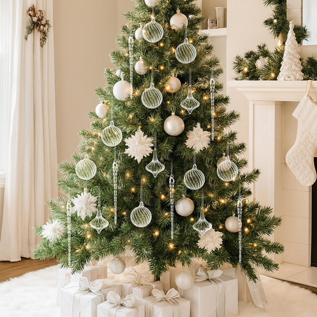 Clear Christmas Glass Ornaments Ball Icicle Drop Ornaments - Set of 18