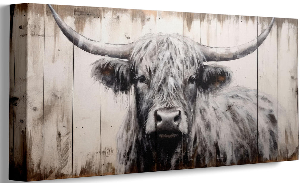 Large Highland Cow Canvas Wall Art, Black and White Cow Picture, 24x48 Inch