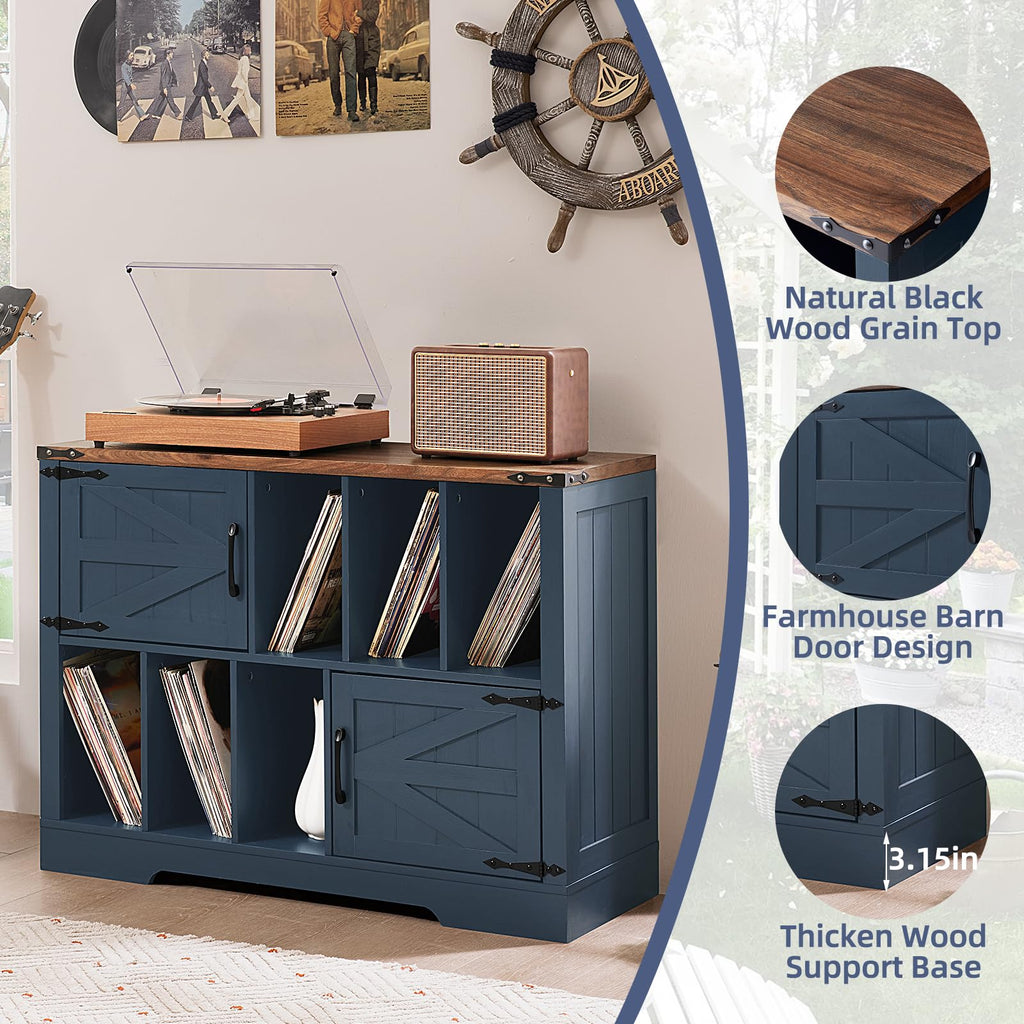 Large Record Player Stand with Vinyl Storage Up to 450 Albums, 39 Inch Farmhouse Wood Navy Blue Vinyl Records Storage