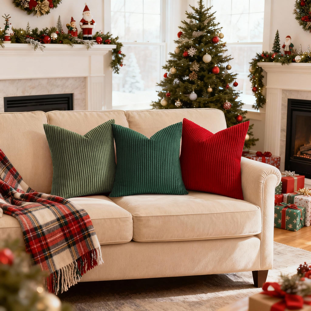 Soft Corduroy Throw Pillow Covers 18x18 Set of 2 Christmas Green