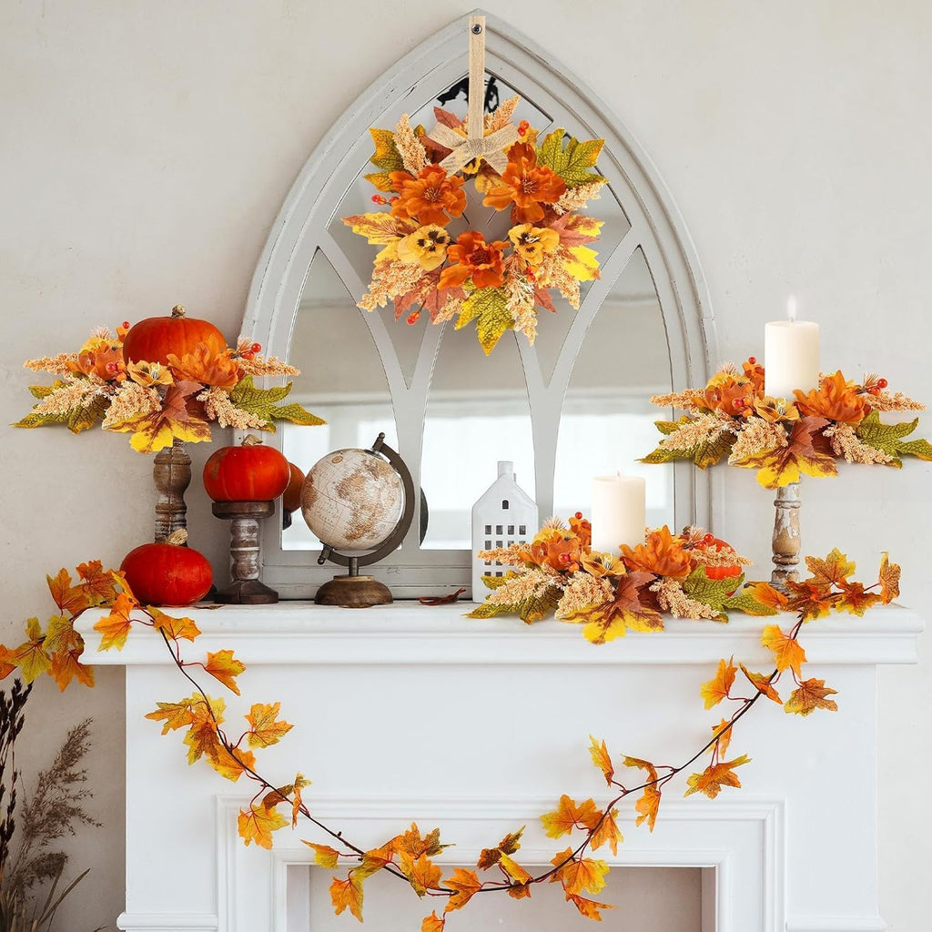 Fall Candle Rings Mini Autumn Floral Candle Wreaths with Berries Table Centerpiece Fall Wreath for Farmhouse - Set of 6